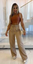 Women's Wide Leg Pants Elastic Waist Lace Up Solid Color Casual Straight Trousers Streetwear Floor Length Pants 2025