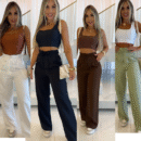 Women's Wide Leg Pants Elastic Waist Lace Up Solid Color Casual Straight Trousers Streetwear Floor Length Pants 2025